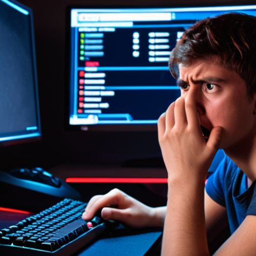A close-up of a young gamer (male or female) showing intense frustration, perhaps with a hand near their face or clenching their mouse. In the background, a large gaming monitor prominently displays a "DEFEAT" screen or a rapidly dropping rank indicator from a competitive FPS game. The scene should evoke stress and a feeling of unfairness, with a modern gaming setup and moody, dramatic lighting.