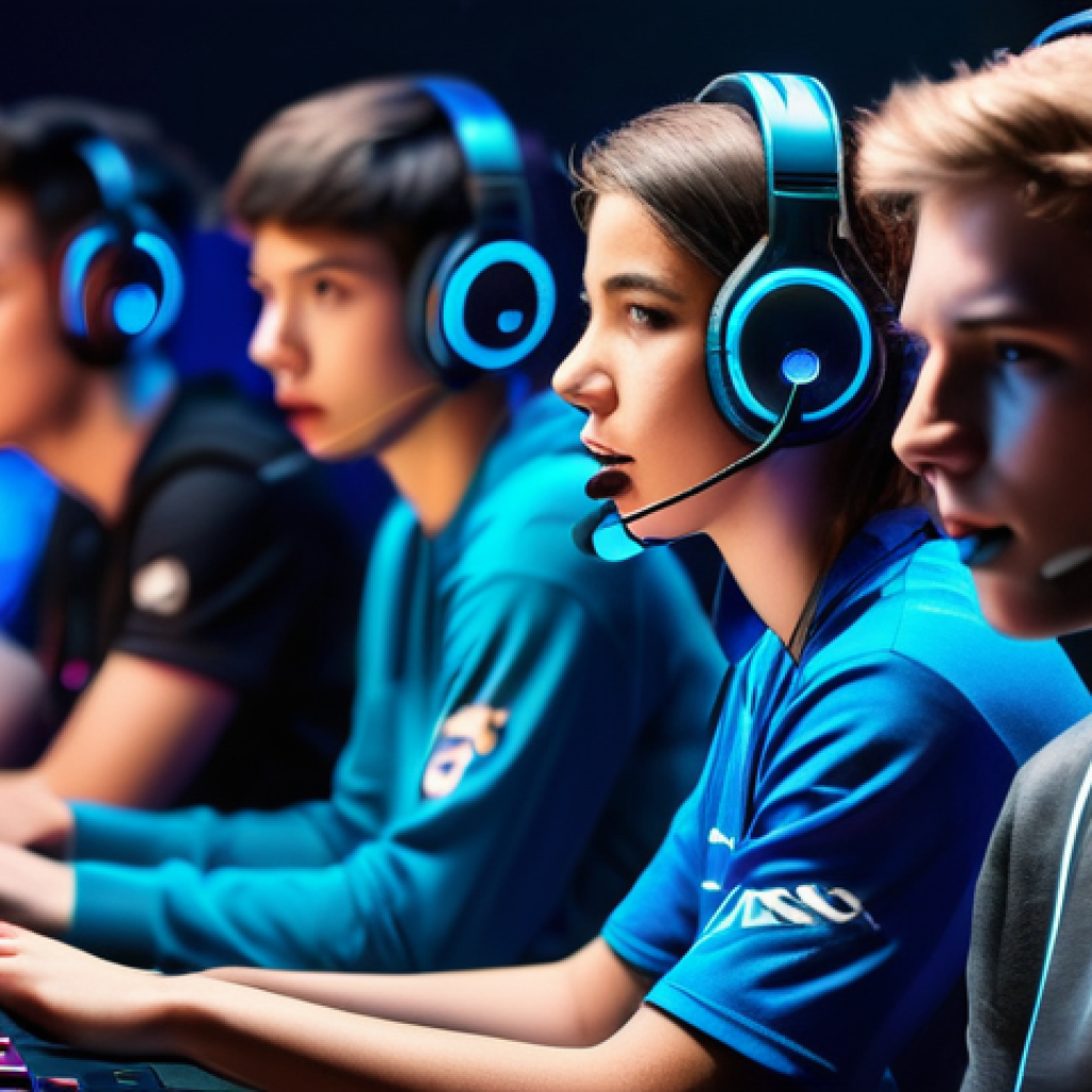 FPS에서 팀원과 적의 음성채팅 활용법 - **Prompt:** A dynamic, wide shot of five diverse esports players, male and female, in their late tee...