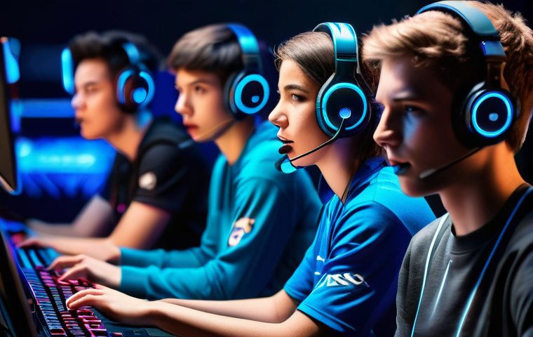 FPS에서 팀원과 적의 음성채팅 활용법 - **Prompt:** A dynamic, wide shot of five diverse esports players, male and female, in their late tee...