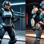 FPS 게임 속 여성 캐릭터 비중 분석 - **Prompt:** A split image contrasting two female game characters. On the left, a "classic" female FP...