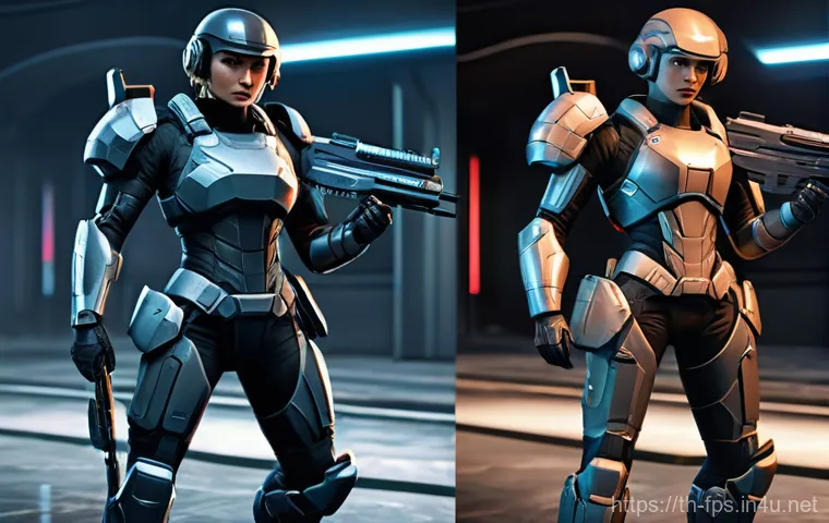 FPS 게임 속 여성 캐릭터 비중 분석 - **Prompt:** A split image contrasting two female game characters. On the left, a "classic" female FP...