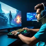 FPS 게임에 적합한 프로젝터 리뷰 - A wide shot, slightly over the shoulder of a young adult gamer, intensely focused on a massive, vivi...