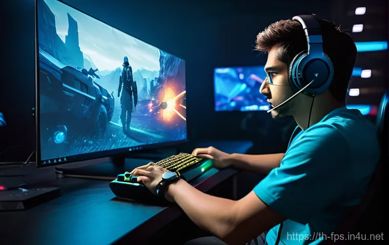 FPS 게임에 적합한 프로젝터 리뷰 - A wide shot, slightly over the shoulder of a young adult gamer, intensely focused on a massive, vivi...