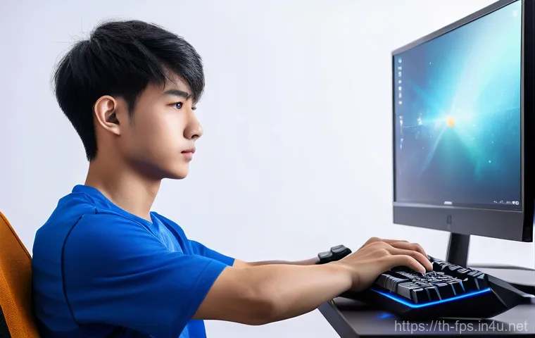 FPS에서 명중률 향상시키는 팁 - A focused Thai male gamer, in his late teens, with short, neat black hair, is comfortably holding a ...
