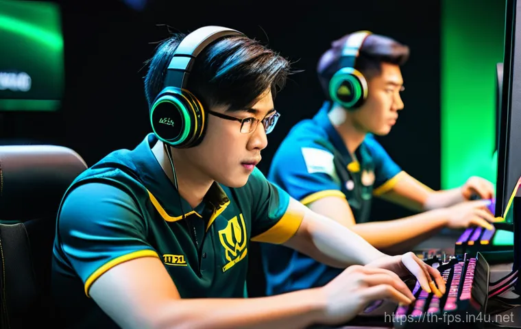 FPS에서 명중률 향상시키는 팁 - A determined Thai female gamer, in her early twenties, with stylish, shoulder-length black hair tied...