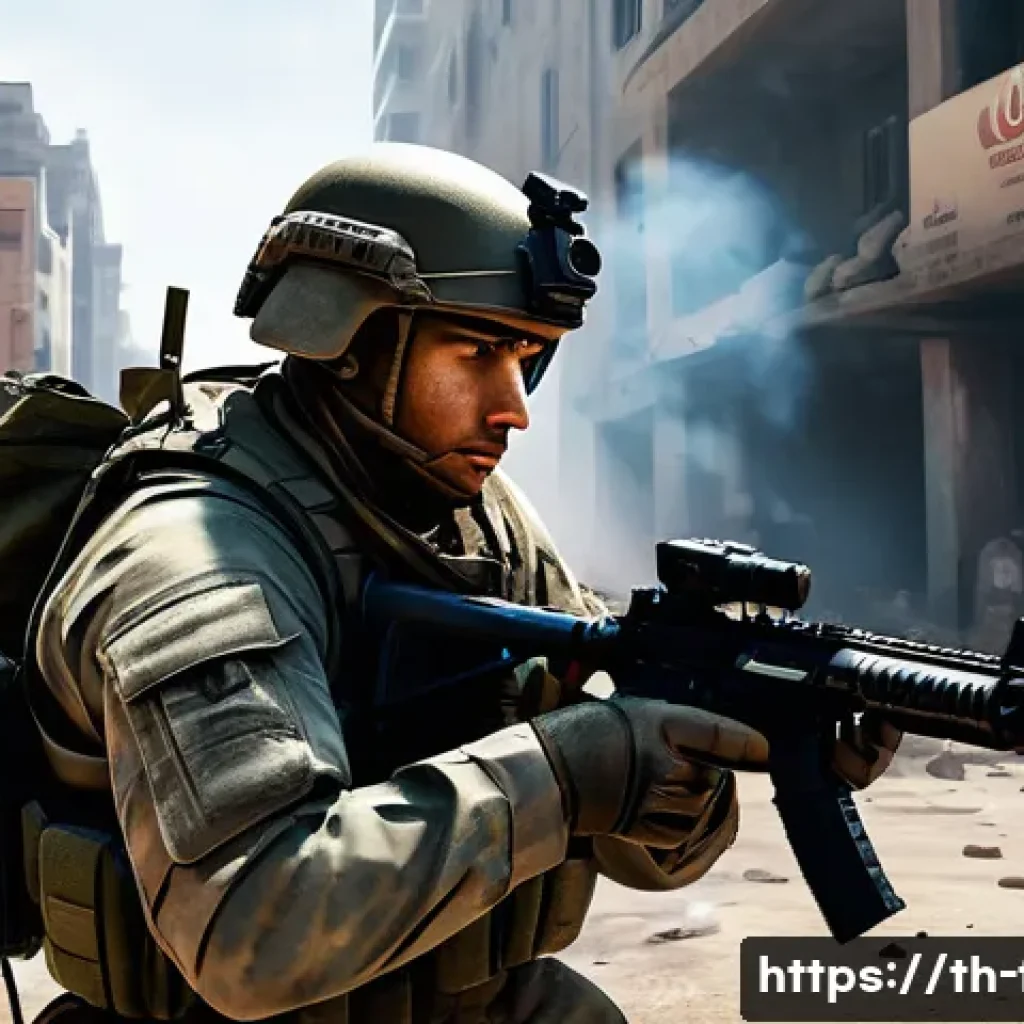 서바이벌 요소를 접목한 FPS - A tense battlefield scene in a realistic modern FPS survival game, showing a well-equipped soldier c...
