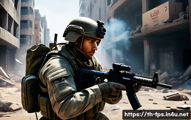 서바이벌 요소를 접목한 FPS - A tense battlefield scene in a realistic modern FPS survival game, showing a well-equipped soldier c...