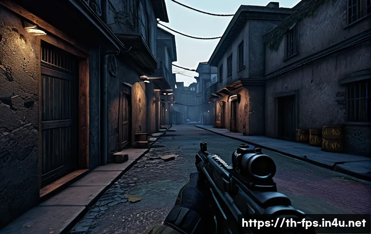 FPS 유저가 피해야 할 실수와 개선점 - A highly detailed first-person shooter game scene showcasing a player skillfully navigating a comple...