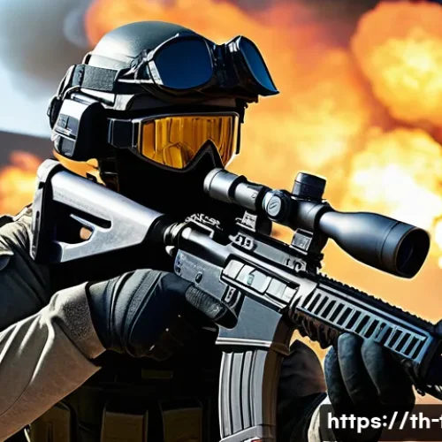 Home 30 스팀에서 평가가 높은 FPS 게임 - A highly detailed first-person shooter game scene set in a realistic modern battlefield environment,...