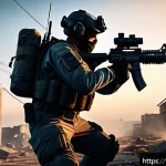 FPS 게임 속에서 쓰이는 공학 기술들 - A hyper-realistic first-person shooter game scene set in an urban battlefield at dusk, showcasing ad...