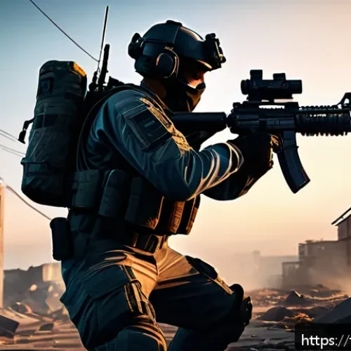 Home 17 FPS 게임 속에서 쓰이는 공학 기술들 - A hyper-realistic first-person shooter game scene set in an urban battlefield at dusk, showcasing ad...