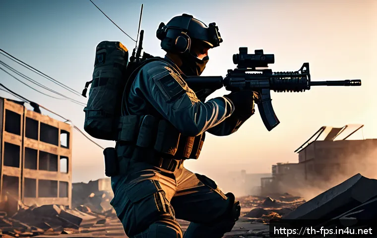 FPS 게임 속에서 쓰이는 공학 기술들 - A hyper-realistic first-person shooter game scene set in an urban battlefield at dusk, showcasing ad...