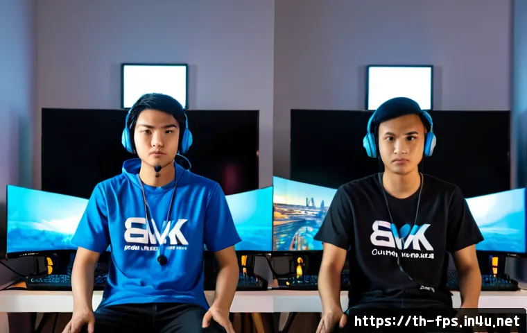 멀티플레이 FPS와 싱글플레이 FPS의 차이 - Photorealistic split-scene comparison of multiplayer FPS gaming: two Thai young adult friends wearin...